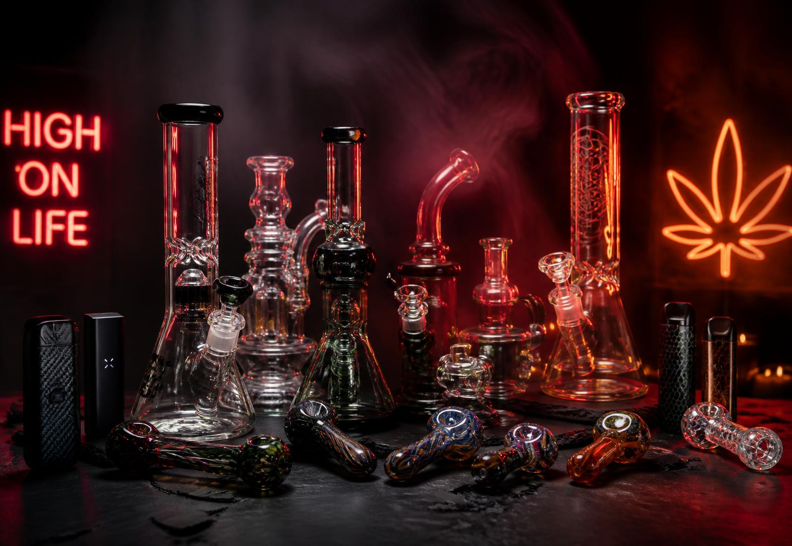 Display of hand-blown glass pipes, water pipes and vape devices under red neon light